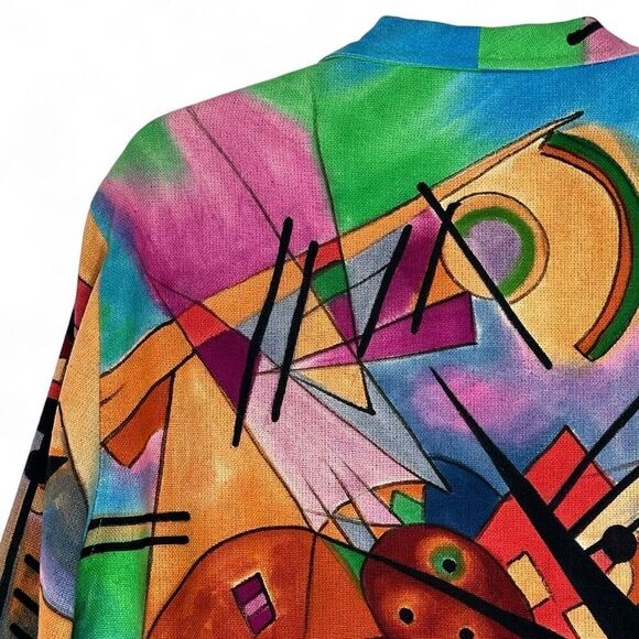 Vtg 90s Dilemma Dhun Schroff 100% Silk Abstract Cubism Art Wear Open Blazer OS - Picture 5 of 13